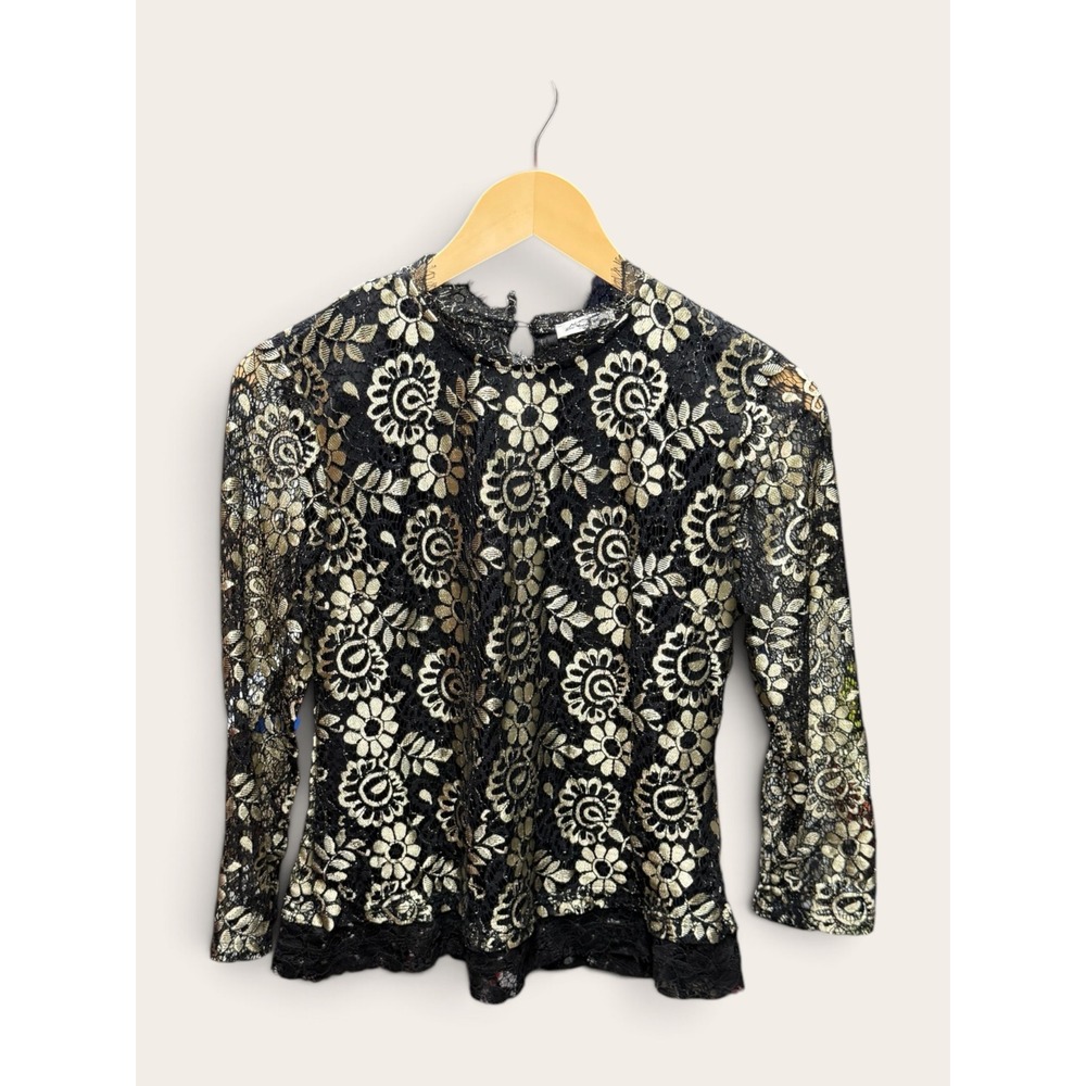 Ultra Pink Black Gold Metallic Floral Lace Long Sleeve Keyhole Blouse Top Small